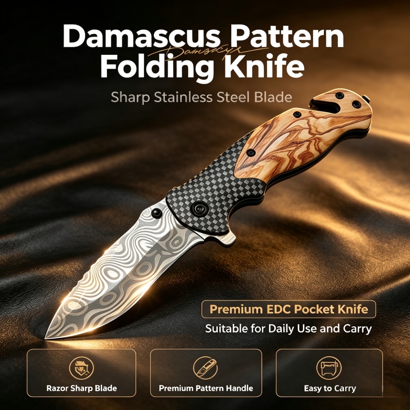 Edc Carry Pocket Knife - Damascus Pattern Folding Knife Sharp Stainless